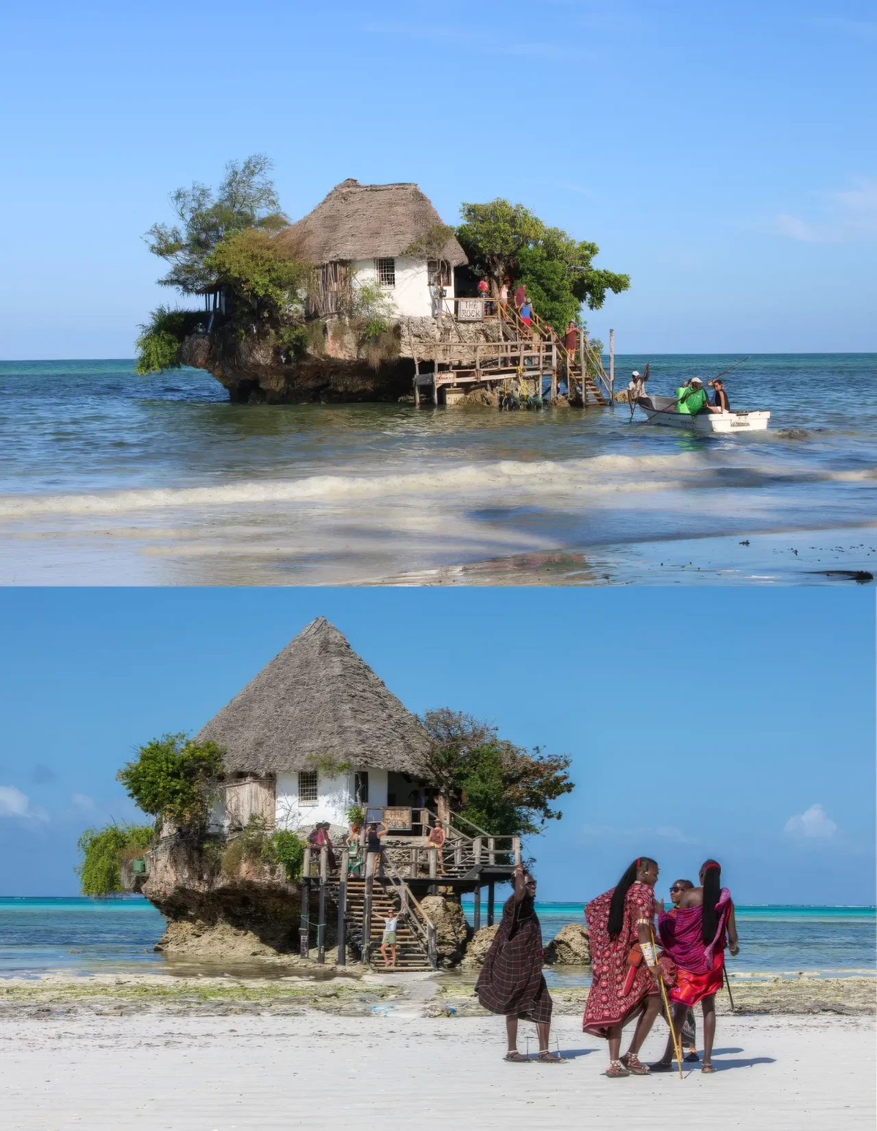 The Rock Restaurant Zanzibar at low tide, walkable from shore, alongside the same view at high tide, accessible only by boat.