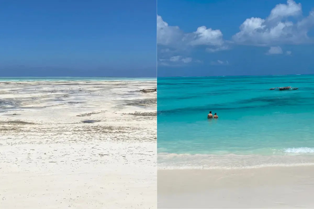 Zanzibar beach at low tide with exposed sandbanks and coral, next to the same shoreline at high tide with turquoise water reaching the beach.