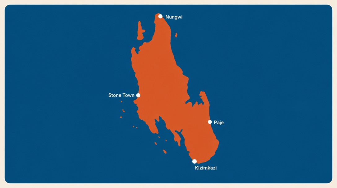 Mappa stilizzata di Zanzibar con Stone Town, Nungwi, Paje e Kizimkazi
